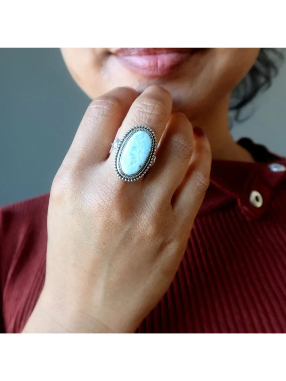Larimar Ring Mirror of Clouds Blue Gemstone Sterling Silver Size 6.5 Boho Jewelr